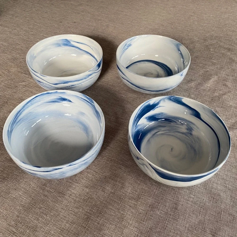 Artisanal Kitchen Supply Coupe Marble Blue Swirl Soup Cereal Bowls Set of 4